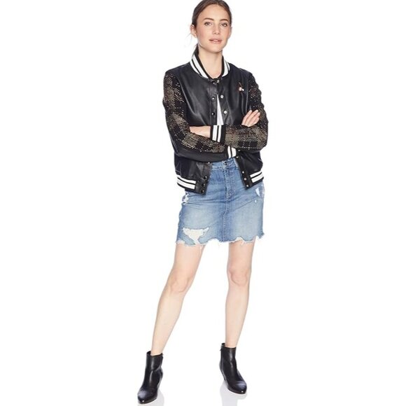 Guess Los Angeles Womens Varsity Jacket M Black With Studded Sleeves RHH10569 - Picture 2 of 12